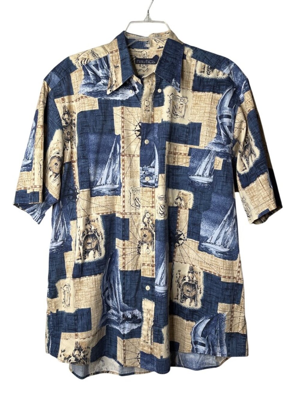 Nautica Mens Button Front Hawaiian Shirt L Vintage 90s Nautical Sailboats Crest
